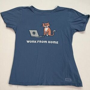 Life is Good T-Shirt Women Small Blue "Work From Home" Fox Graphic Crusher Tee